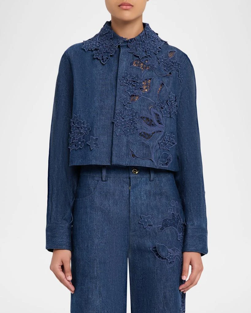 Oscar de la Renta Embroidered Denim Crop Jacket 4