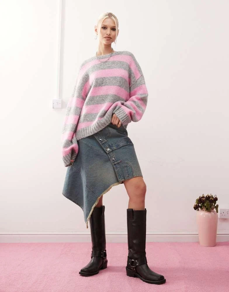 Monki Monki crew neck knitted sweater in pink and grey stripe 4