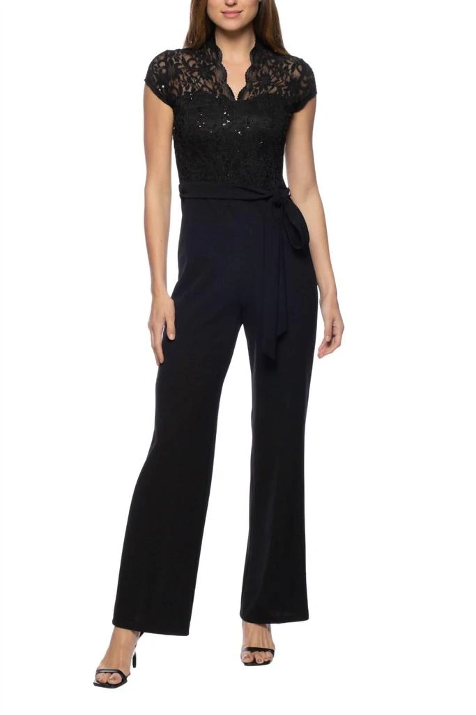 MARINA V Neck Tie Waist Lace Bodice Jumpsuit In Black