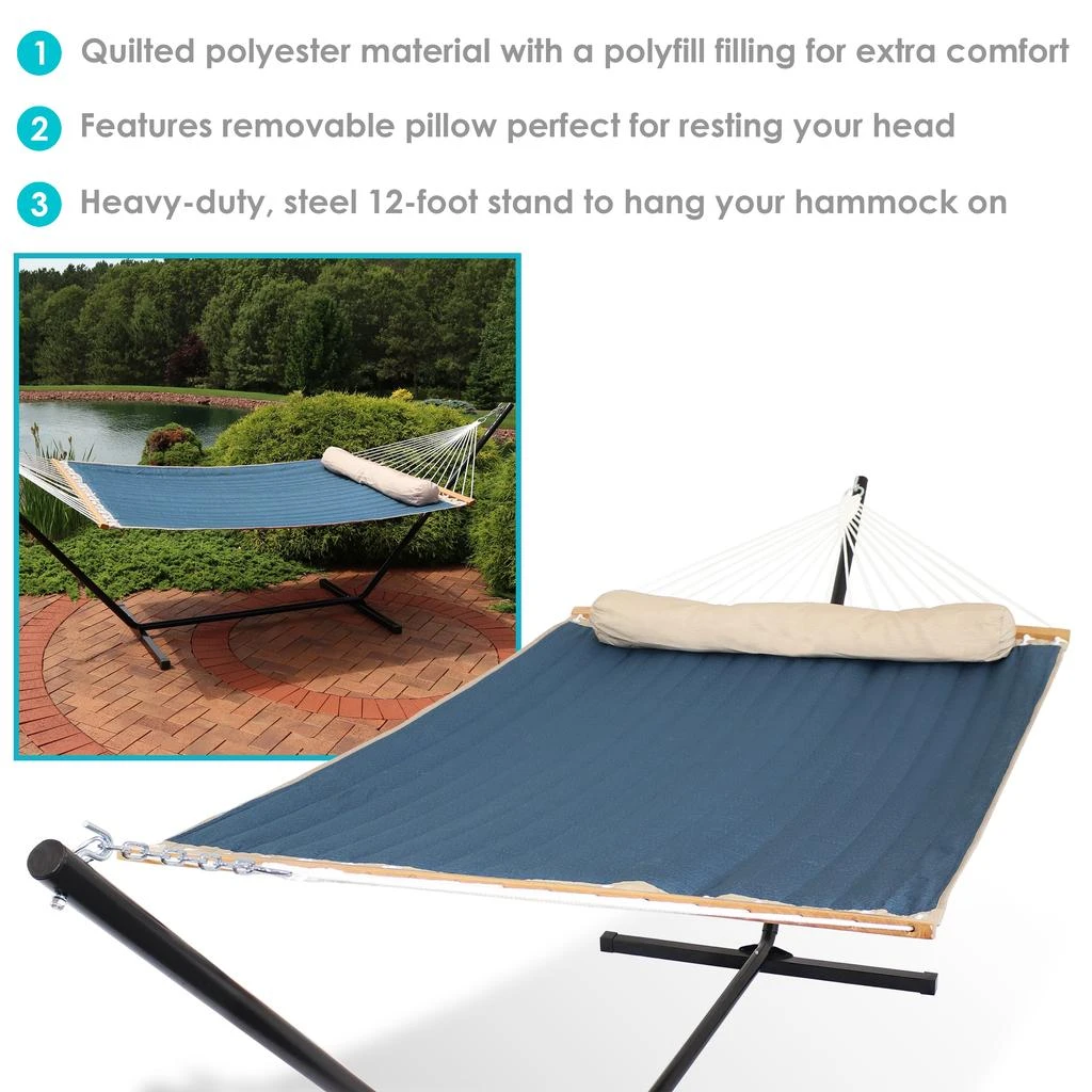 Sunnydaze 2-Person Outdoor Quilted Fabric Hammock with Spreader Bars with Freestanding Stand and Detachable Pillow - 350 lb Capacity - Tidal Wave 2