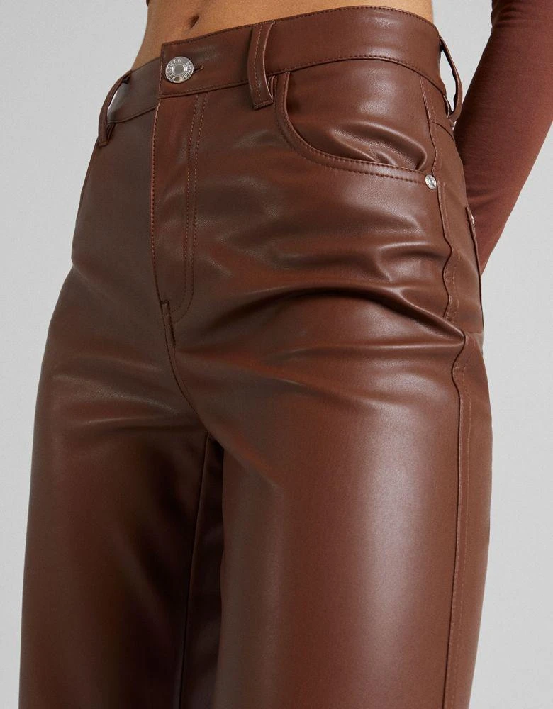Bershka Bershka faux leather straight leg trouser in brown 3