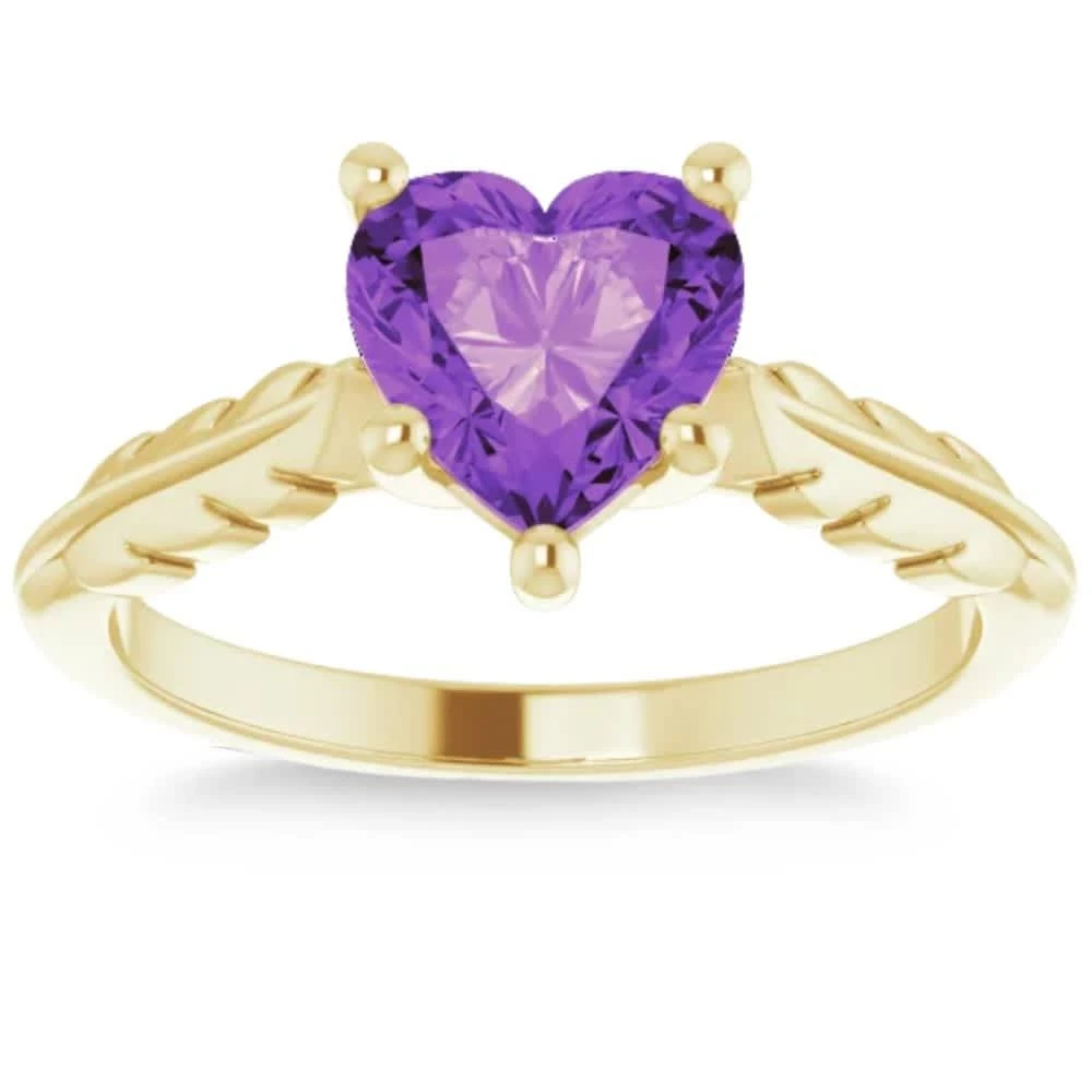 Pompeii3 7mm Amethyst Solitaire Heart Shape Leaf Accent Ring in 14k White or Yellow Gold