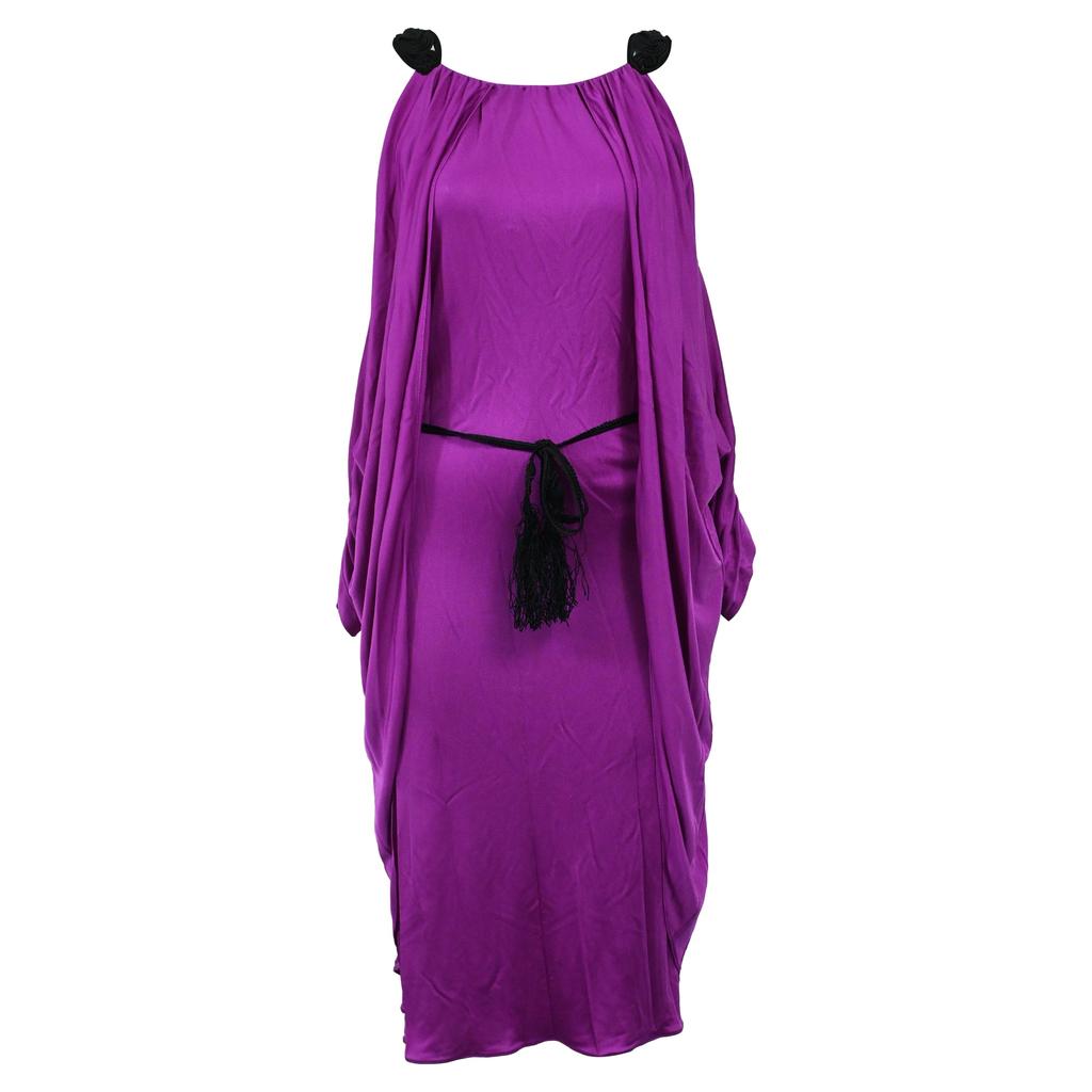 Temperley London Draped Tassel Belt Midi Off-Shoulder Dress in Violet Viscose