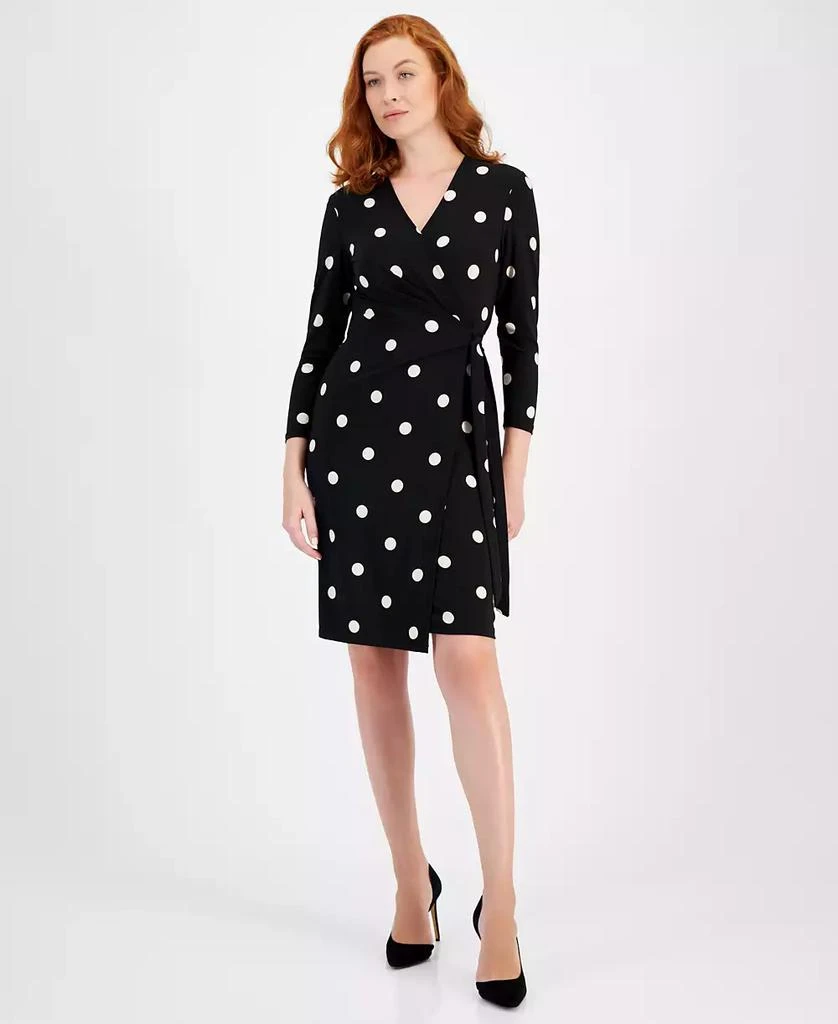Anne Klein Dot Print Long Sleeve Wrap Dress Anne Black/Anne White