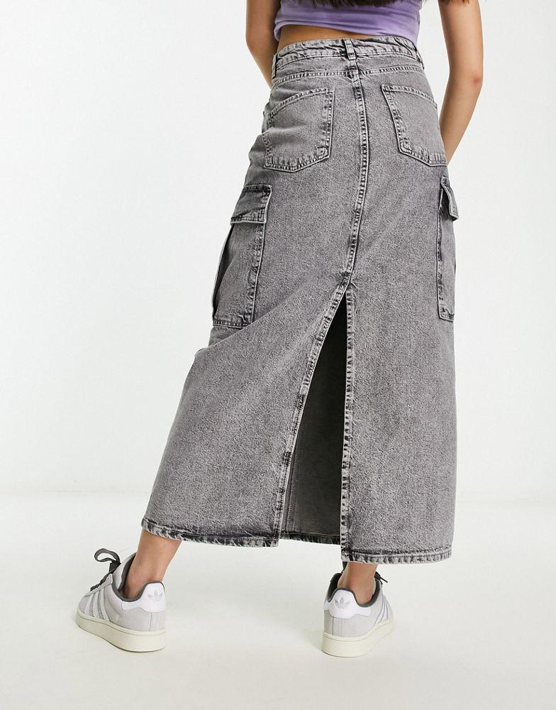 Stradivarius Stradivarius STR denim cargo maxi skirt in washed grey