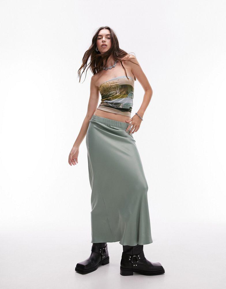 Topshop Topshop satin bias maxi skirt with elastic waist band in sea green