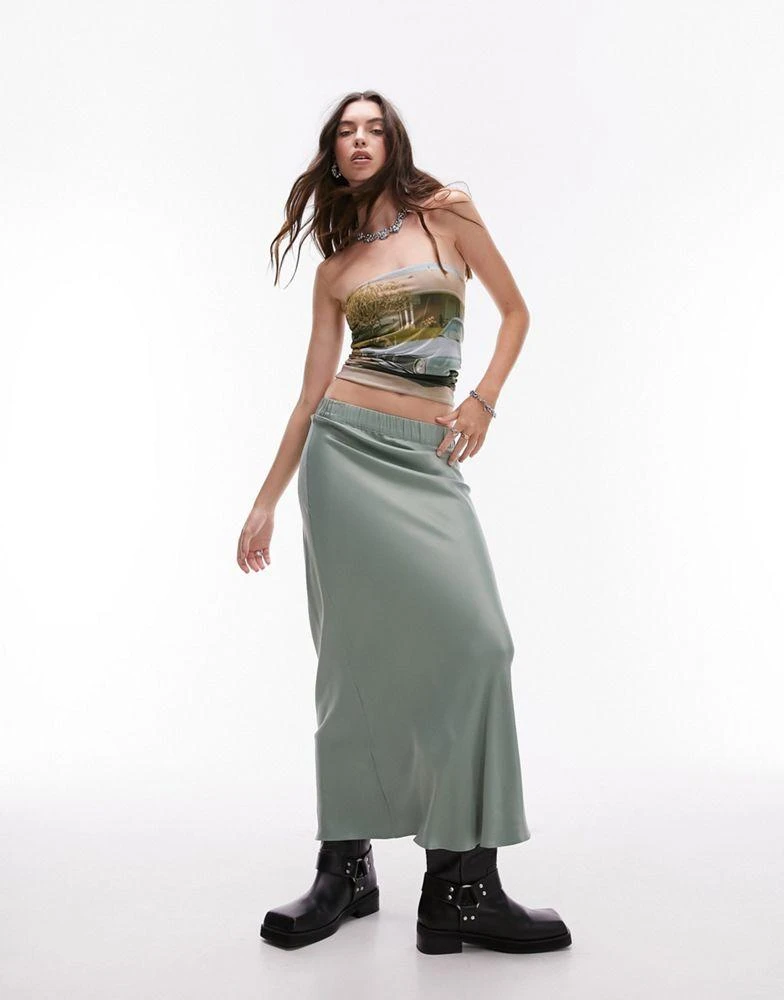 Topshop Topshop satin bias maxi skirt with elastic waist band in sea green 1