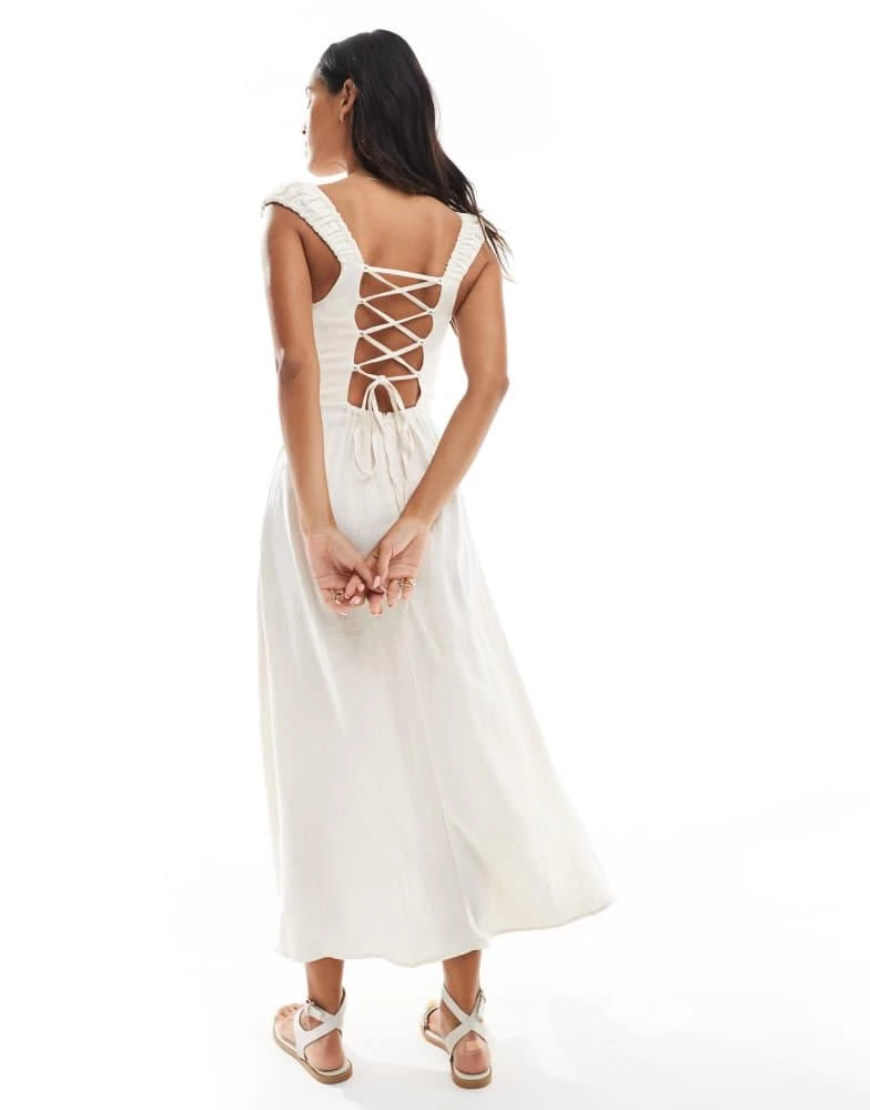 Stradivarius Stradivarius milkmaid midi dress with slit in beige 2