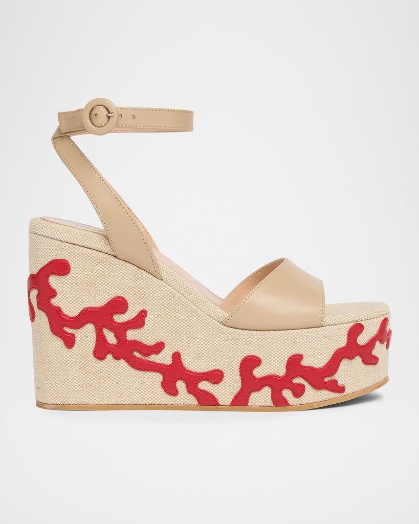 Gianvito Rossi 60mm Coral Leather and Canvas Wedge Sandals