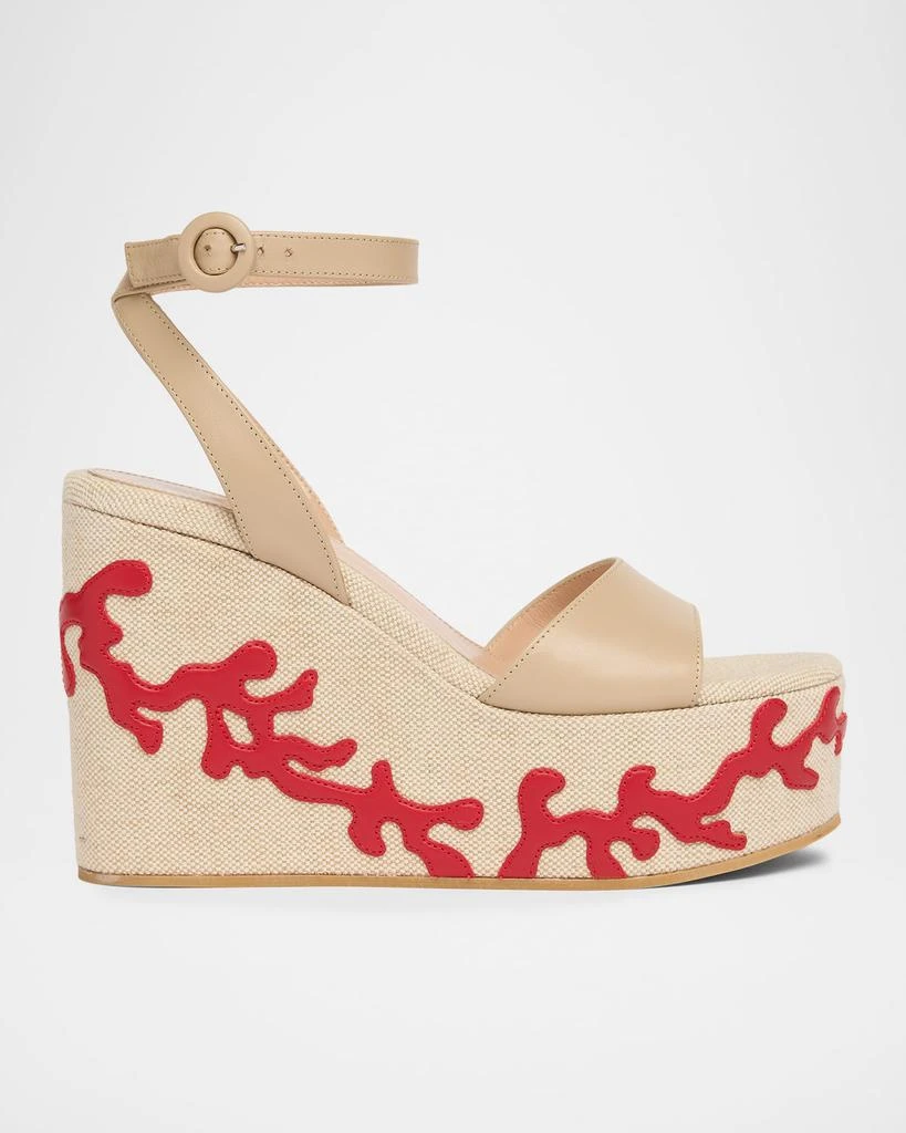 Gianvito Rossi 60mm Coral Leather and Canvas Wedge Sandals 1