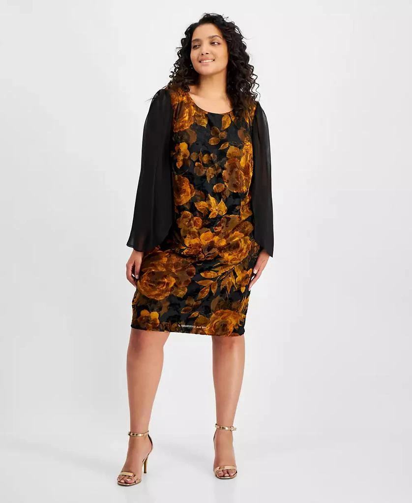 Connected Plus Size Sheer-Sleeve Printed Velvet Dress 1