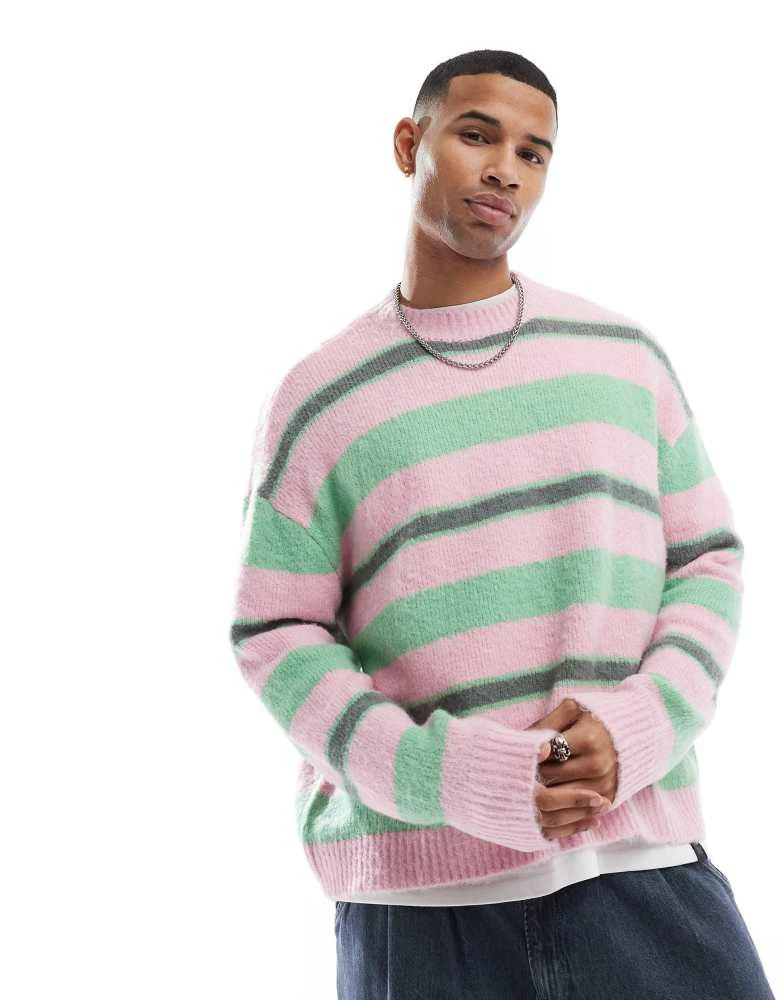 Pull&Bear Pull&Bear fluffy knitted stripe jumper in pink 4