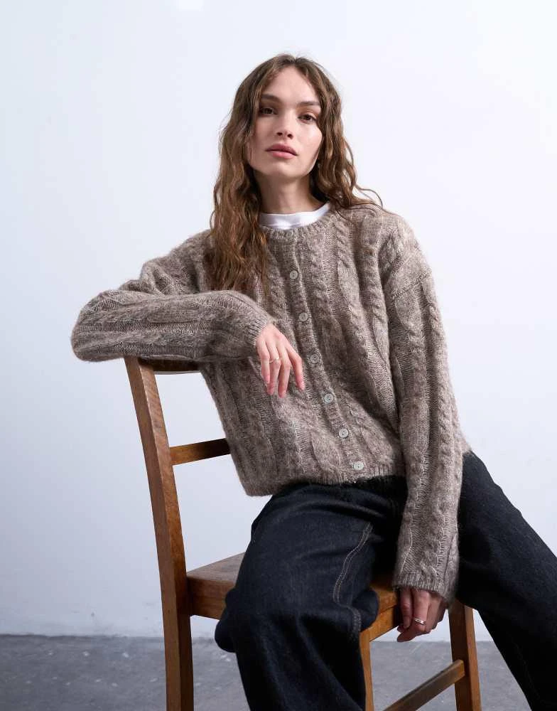 Topshop knitted fluffy cable cardigan in oat