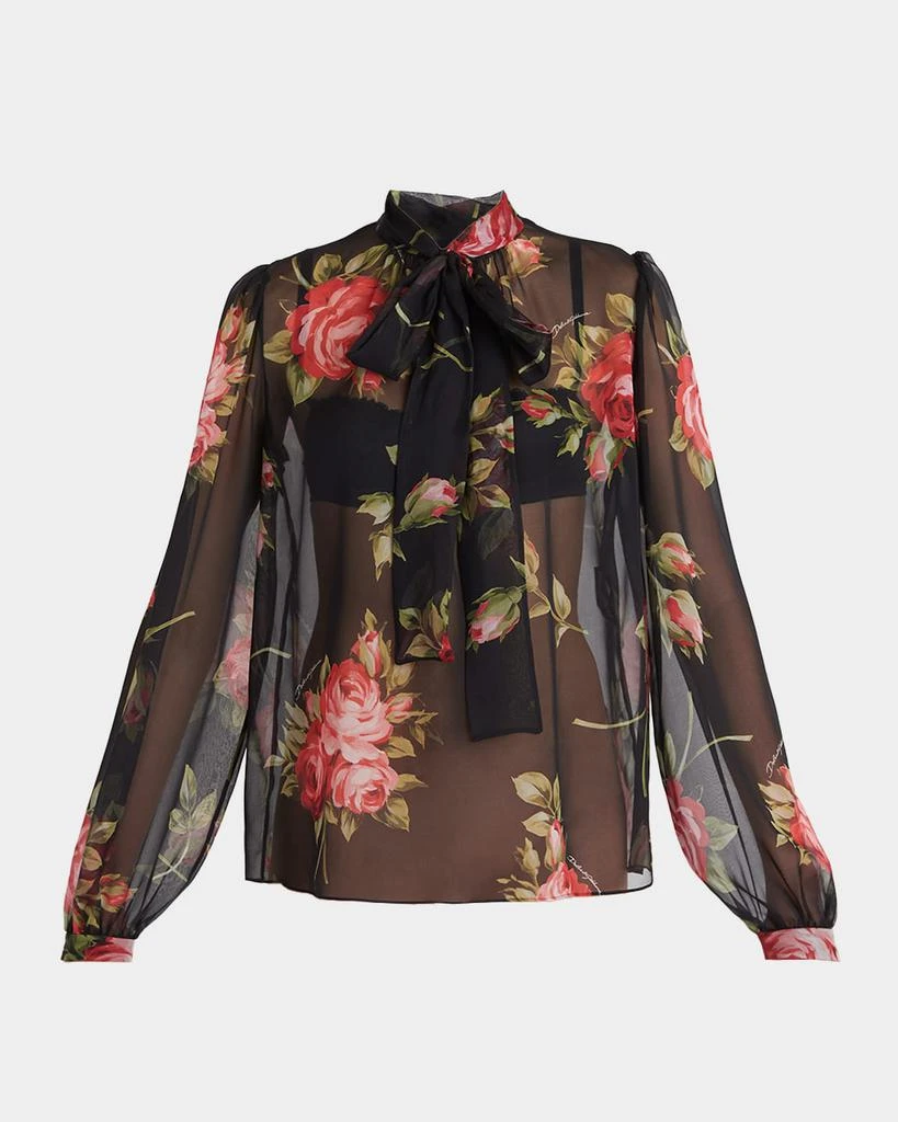 Dolce
Gabbana Rose Bouquet-Print Silk Chiffon Neck-Tie Blouse
