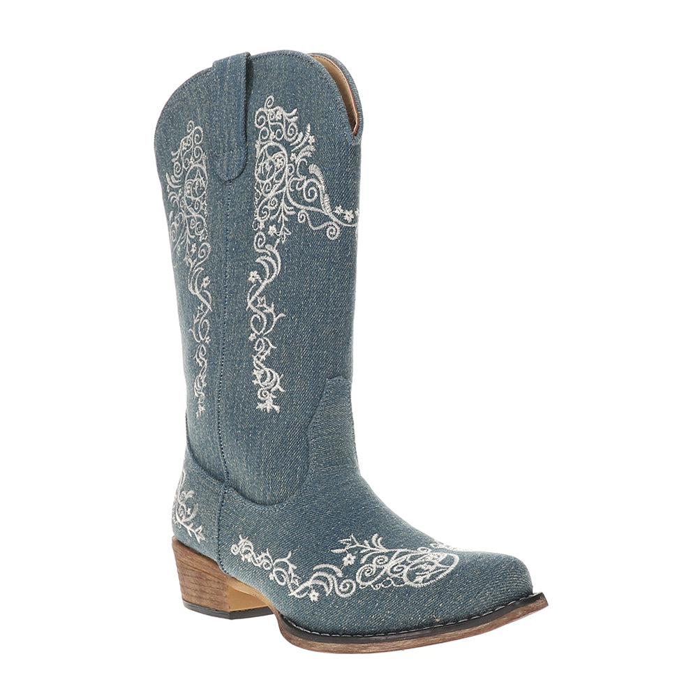 Roper Riley Scroll Denim Embroidered Snip Toe Cowboy Boots