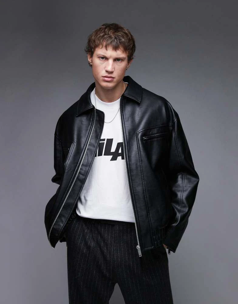Topman Topman faux leather bomber jacket in black 1
