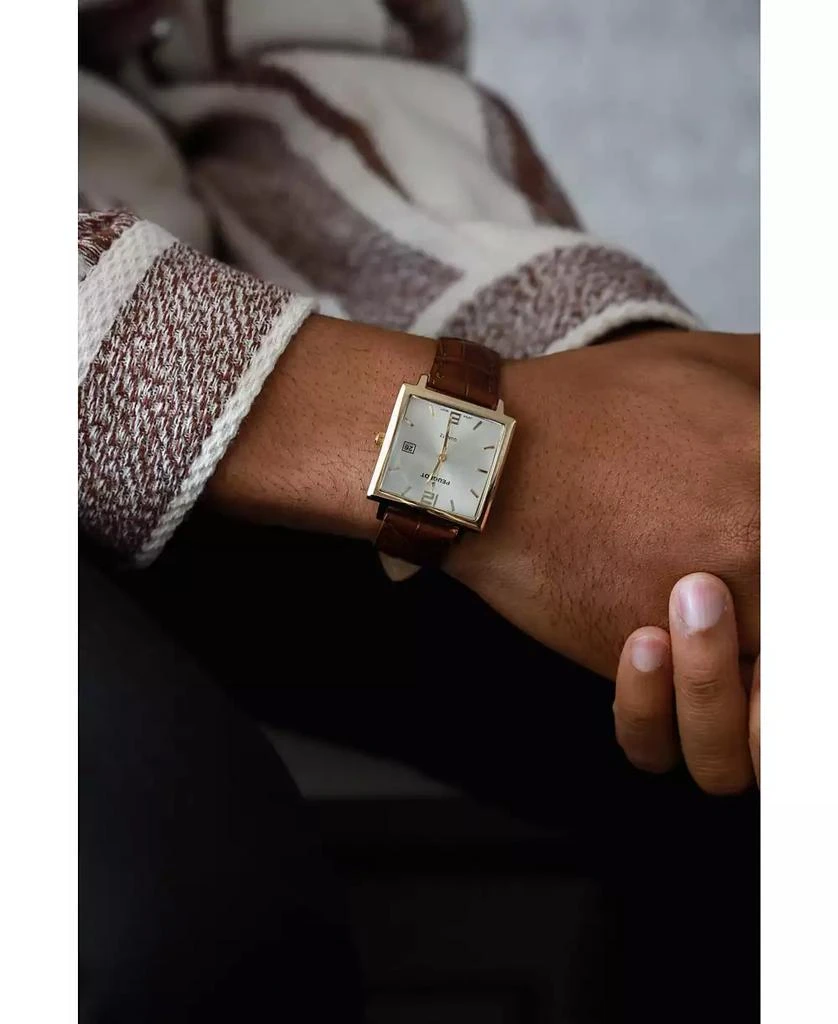 Peugeot Men's 35mm 14K Gold Plated Square Watch with Brown leather Strap 6