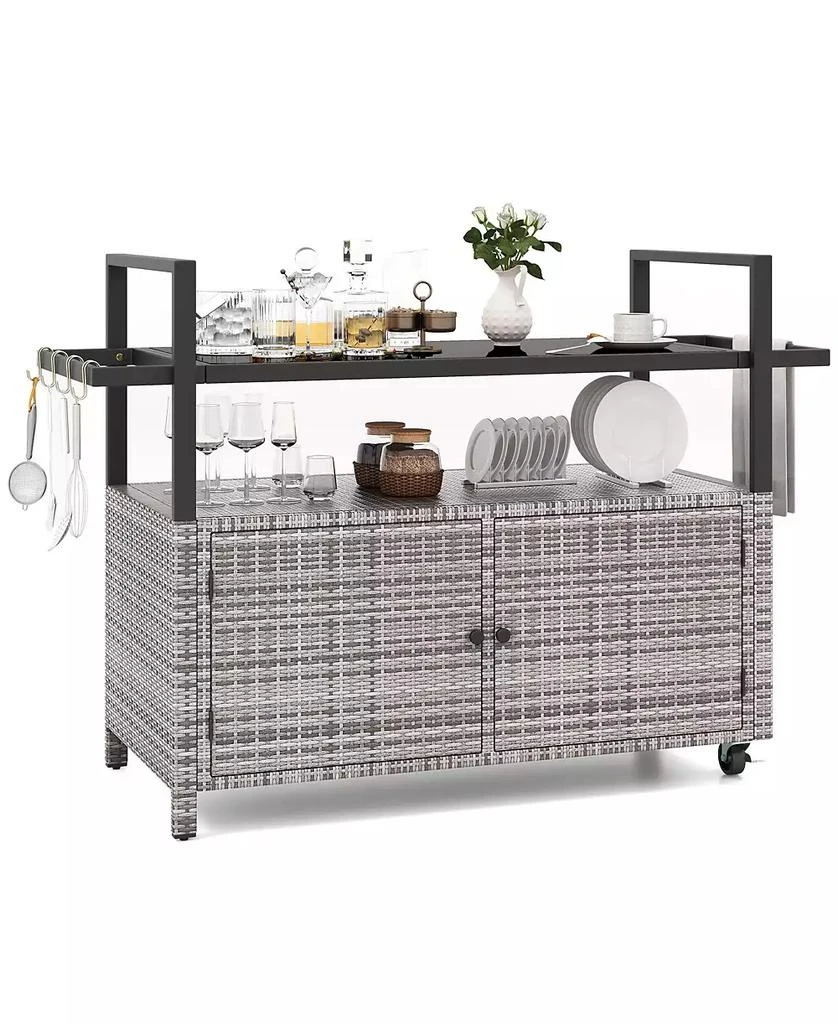 SUGIFT Outdoor Bar Cart Wicker Buffet Serving Cart with Cabinet and 8 Hooks