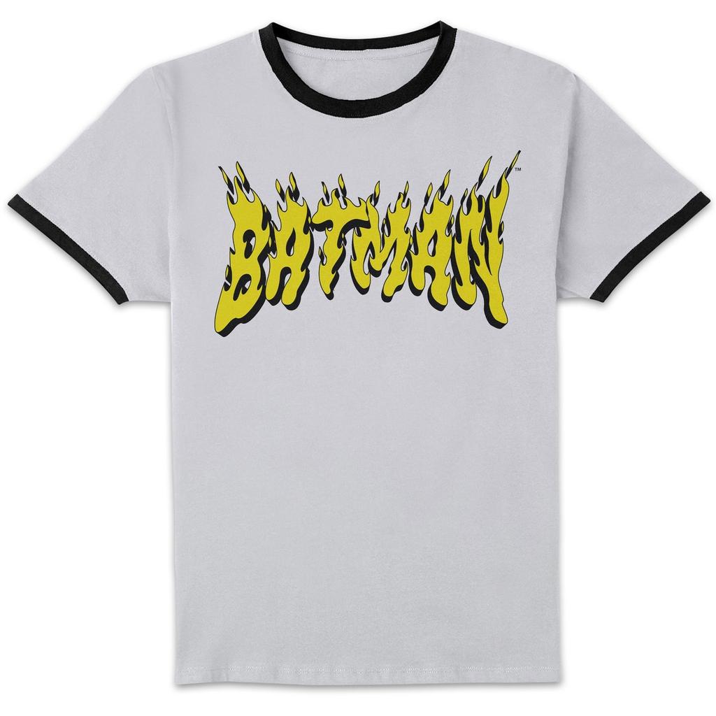 DC Comics DC Comics Batman Text Fire Unisex Ringer T-Shirt - White/Black
