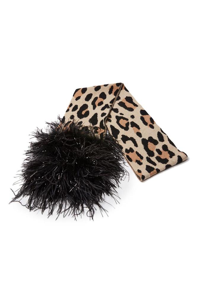 Eugenia Kim Leopard Print Cashmere Feather Trim Scarf