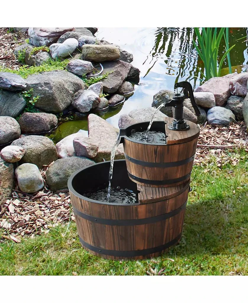 Outsunny 2 Tier Fountain Rustic Wood Barrel Water Fountain w/ Pump Garden Decor 2