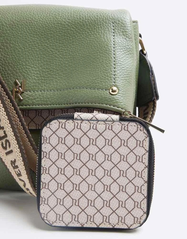 River Island River Island Faux leather flap over cross body bag in khaki 2