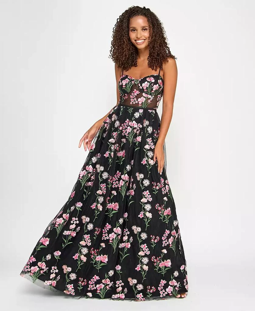 City Studios Juniors' Floral-Embroidered Tulle Ballgown, Created for Macy's 4