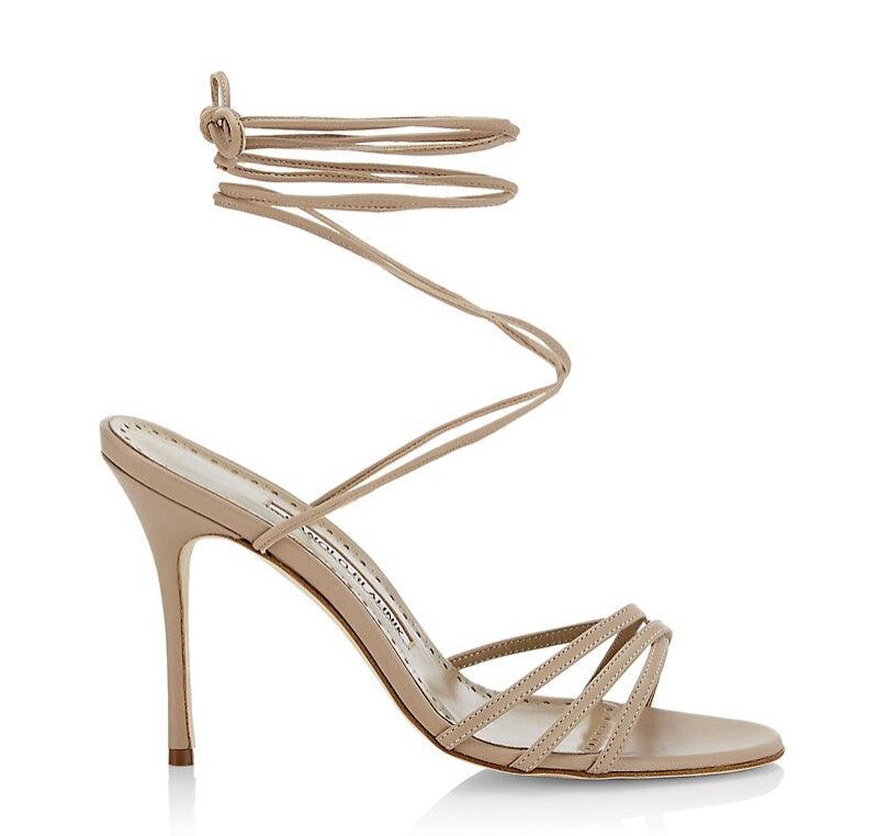 Manolo Blahnik Manolo Blahnik Women's Leva 105MM Leather Wrap Heels Sandals Cream Nude