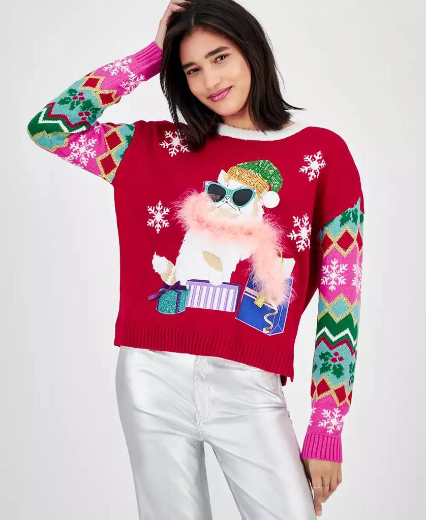 Hooked Up by IOT Juniors' Glam Cat Christmas Sweater 1