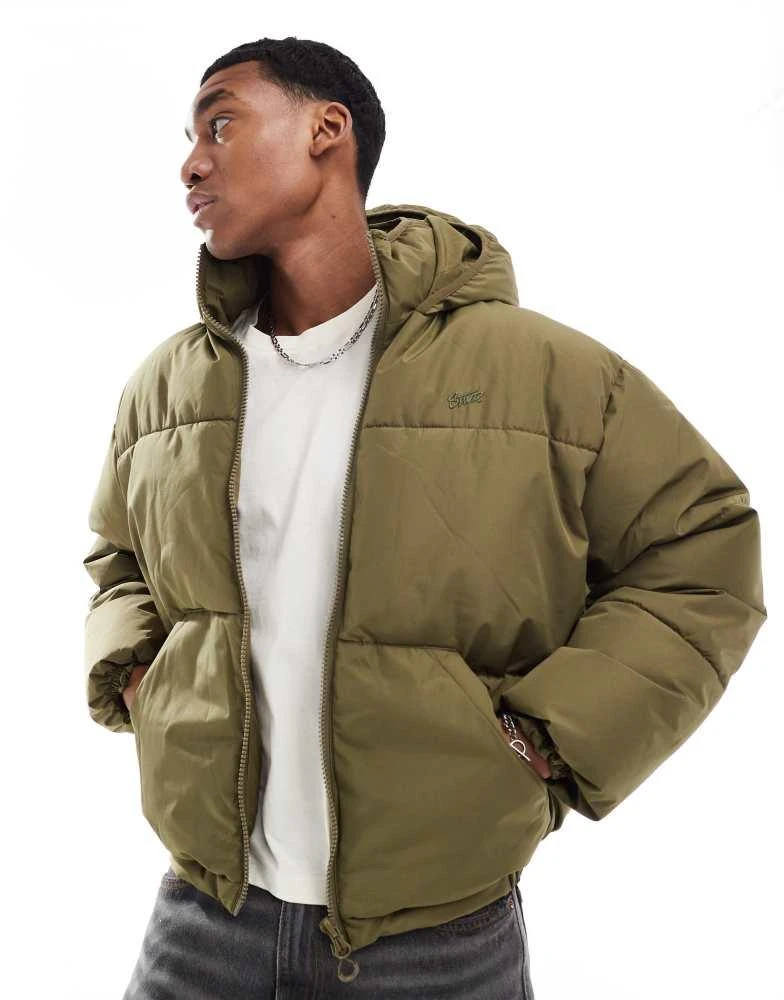 Pull&Bear Pull&Bear boxy puffer jacket with hood in khaki 1
