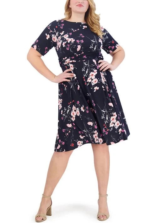 Jessica Howard Howard Plus Size Elbow Sleeve Boat Neck Floral Fit And Flare Dress 1