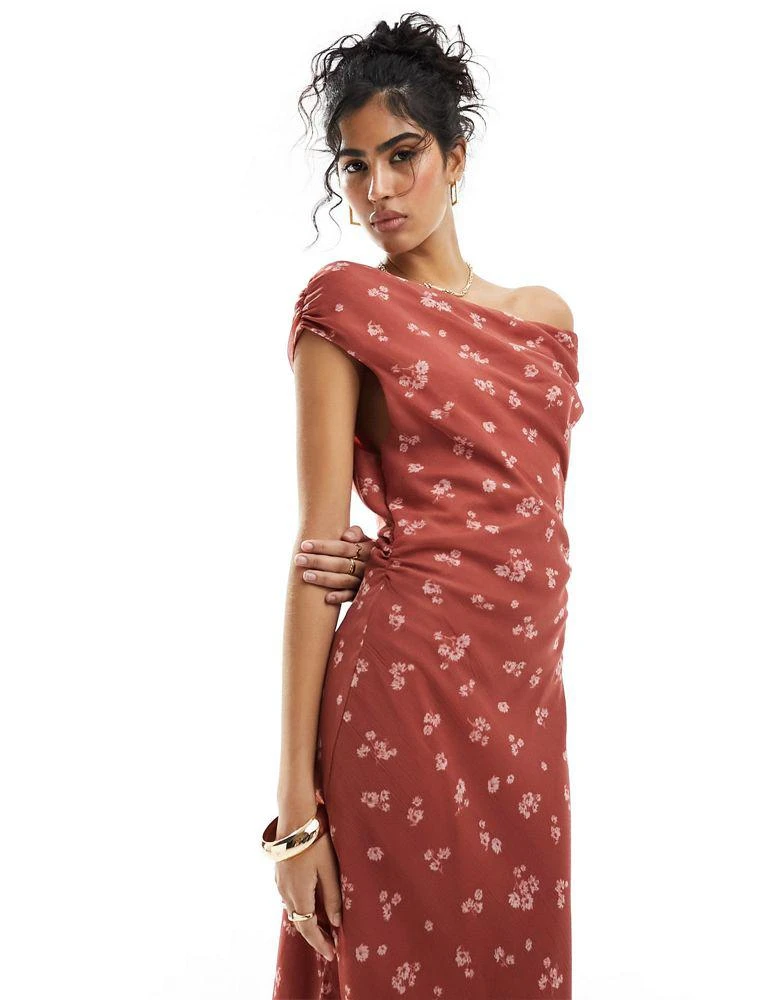 ASOS ASOS DESIGN fallen shoulder midi dress in raspberry floral print 2