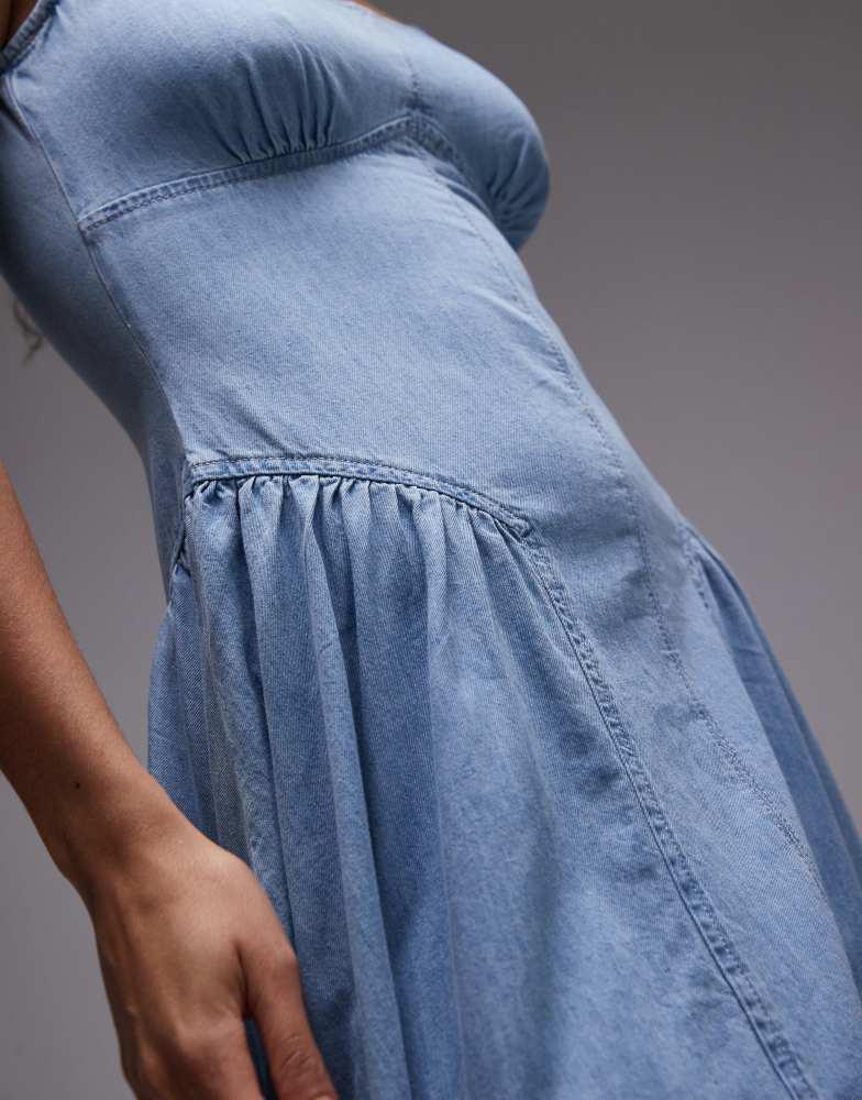 Topshop Topshop denim drop waist seamed midi dress in bleach