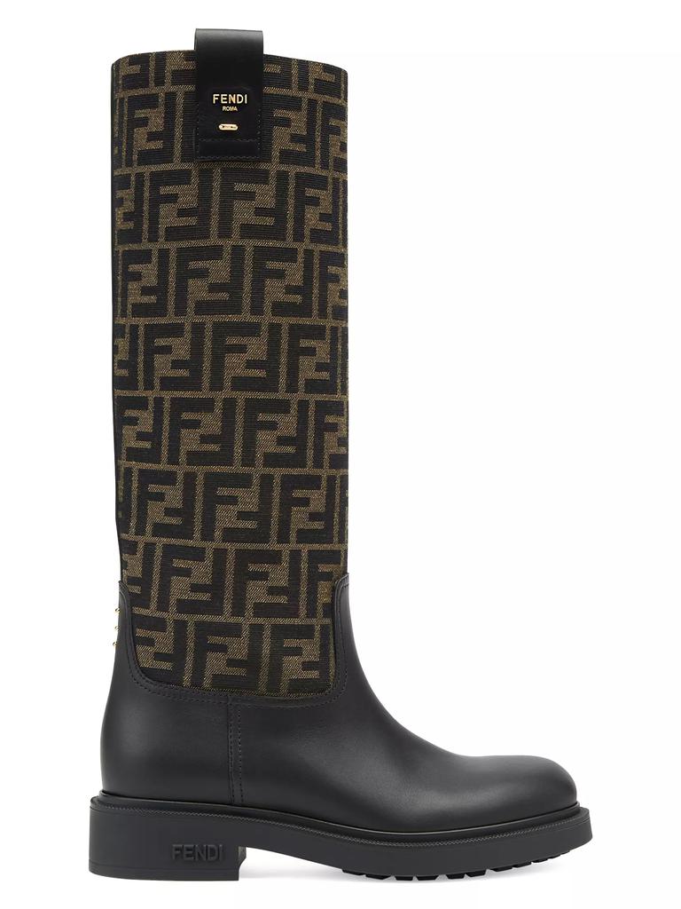 Fendi Filo FF Canvas & Leather Knee-High Boots Nero-Tabacco