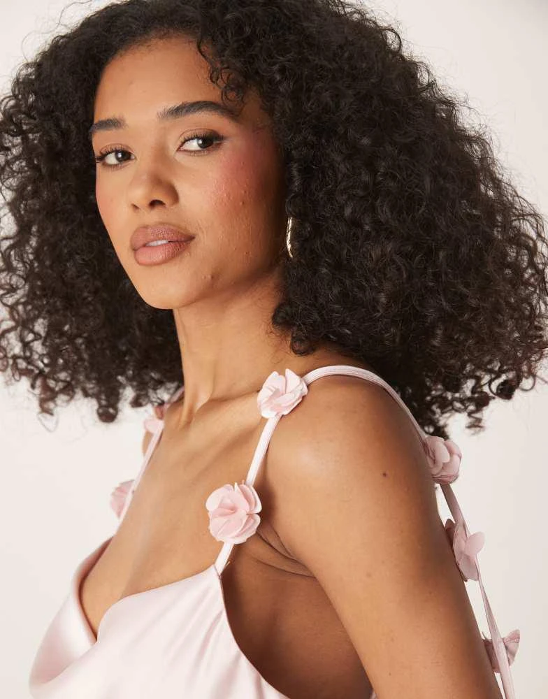 Shop Gina Tricot midi satin cowl neck dress with 3D floral applique in  light pink on Sale at BeyondStyle  Get 10% Off Gina Tricot midi satin cowl  neck dress with 3D