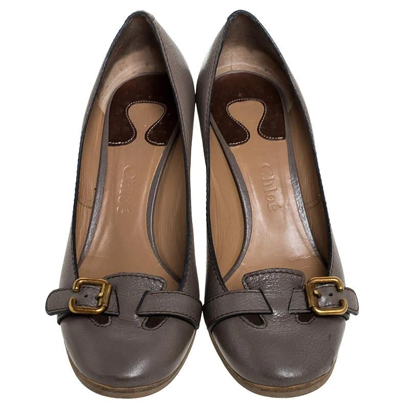 Chloé Chloe Grey Leather Buckle Detail Block Heel Pumps Size 37 3