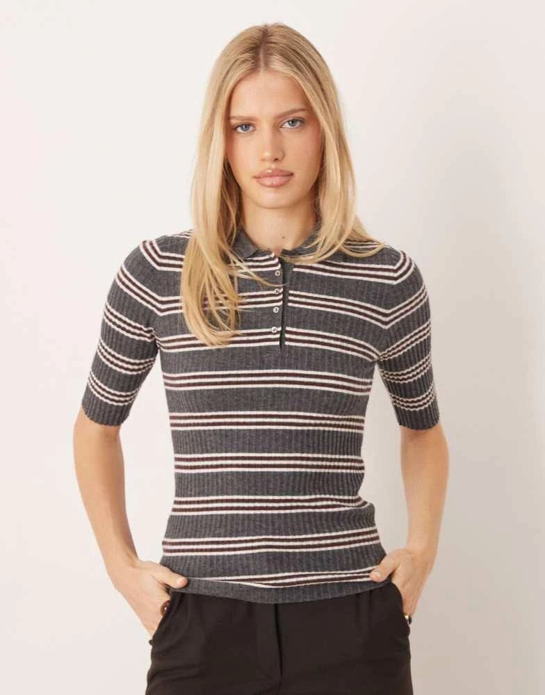 Mango Mango short sleeve knitted polo top in grey stripe