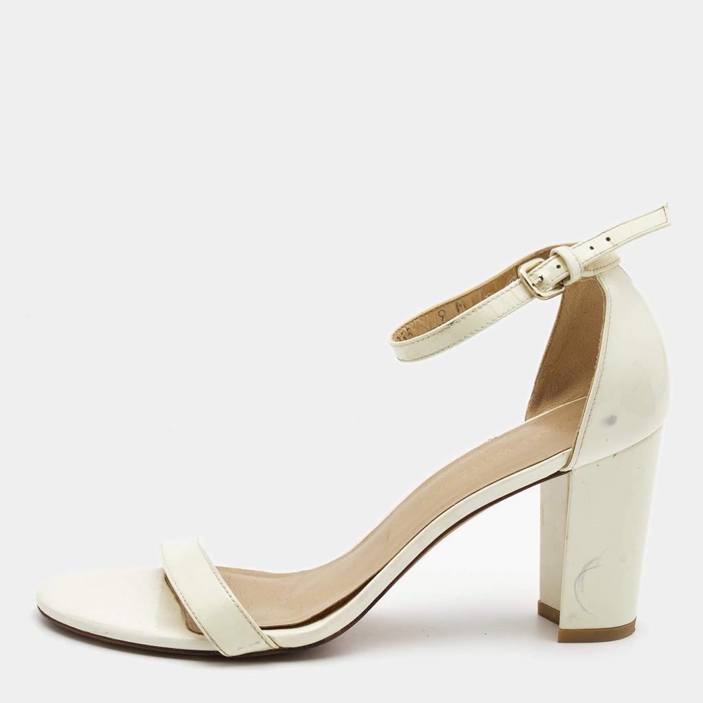 Stuart Weitzman Stuart Weitzman Cream Patent Leather Block Heel Ankle Strap Sandals Size 39.5