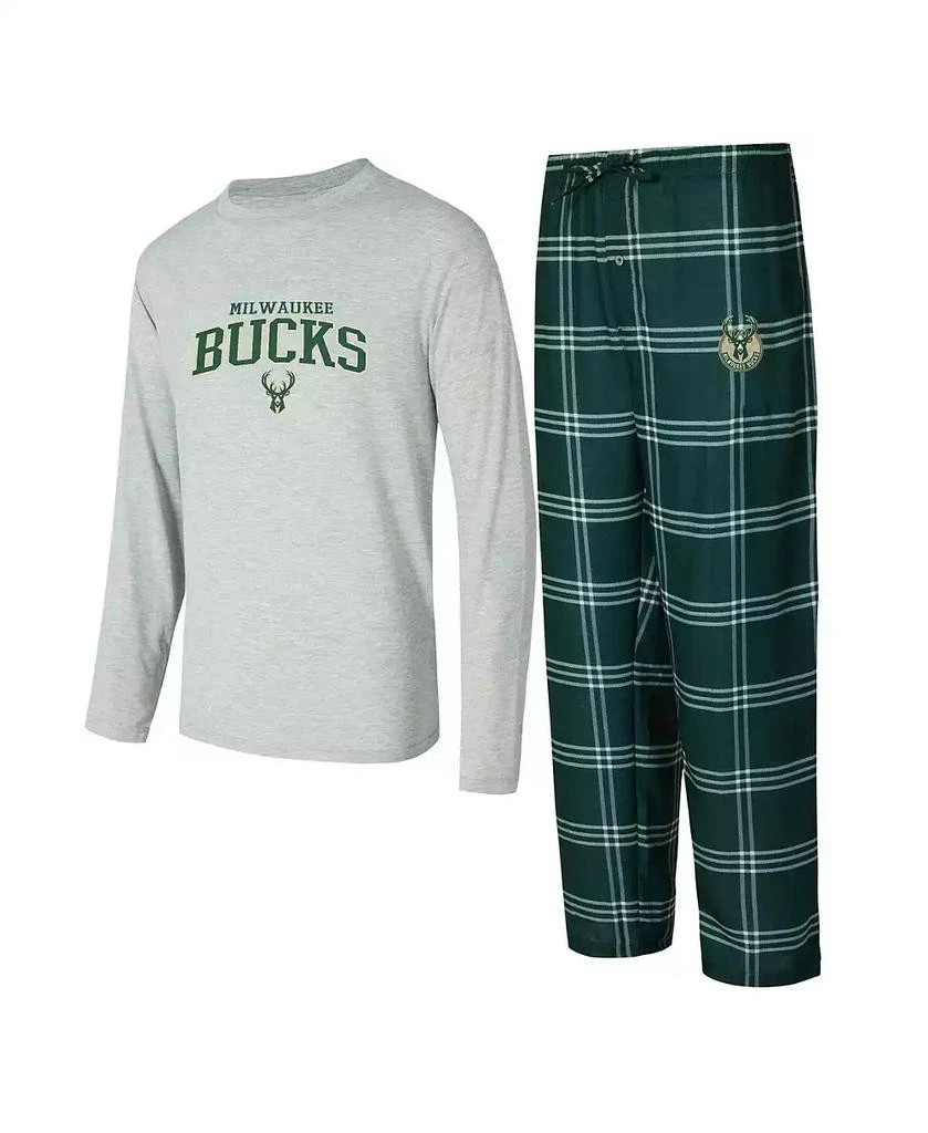 Concepts Sport Men's Hunter Green/Gray Milwaukee Bucks Petition Long Sleeve T-Shirt and Plaid Pant Set 1