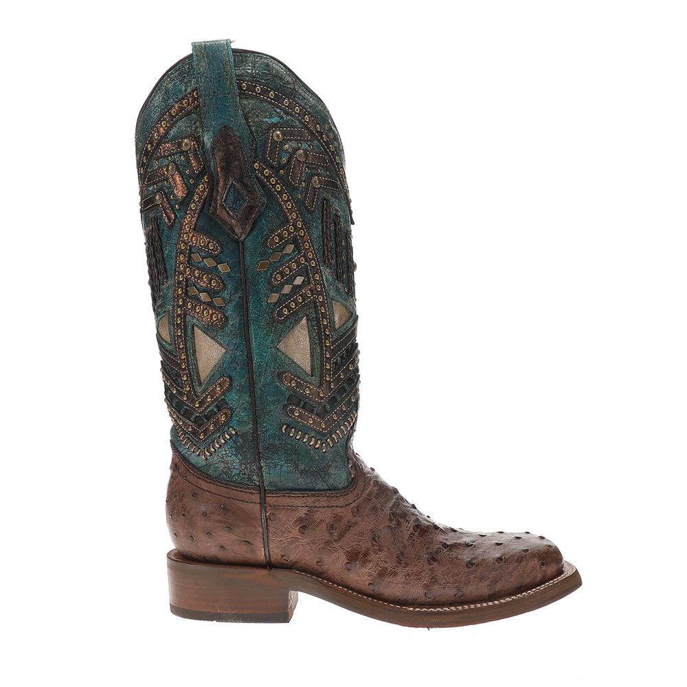 Corral Boots Turquoise Embroidery Studded With Woven Detail Brown Ostrich Square Toe Rodeo Boots