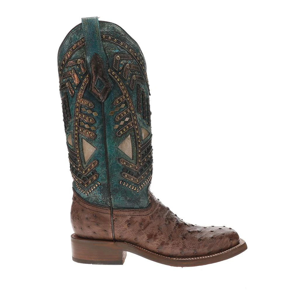 Corral Boots Turquoise Embroidery Studded With Woven Detail Brown Ostrich Square Toe Rodeo Boots 1