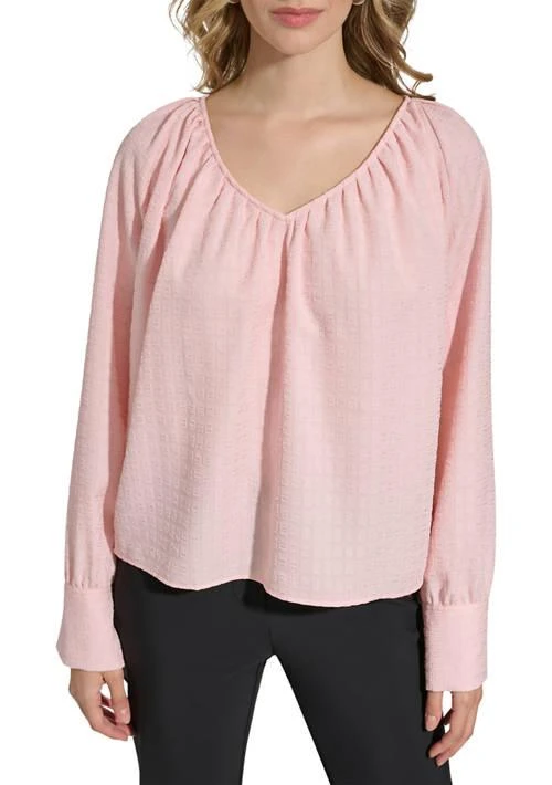 Calvin Klein Klein Womens V Neck Window Pane Blouse 1