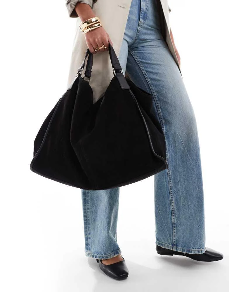 ASOS ASOS DESIGN large suede tote bag with leather piping detail in black 1