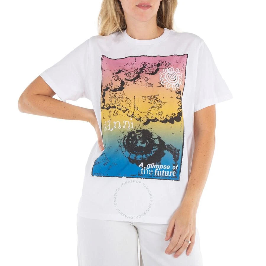 Ganni Ladies Bright White Printed Organic Cotton T-Shirt 1