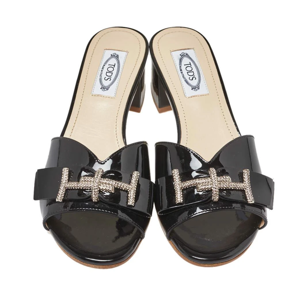 Tod's Tod's Black Patent Leather Double T Embellished Slide Sandals Size 36.5 3