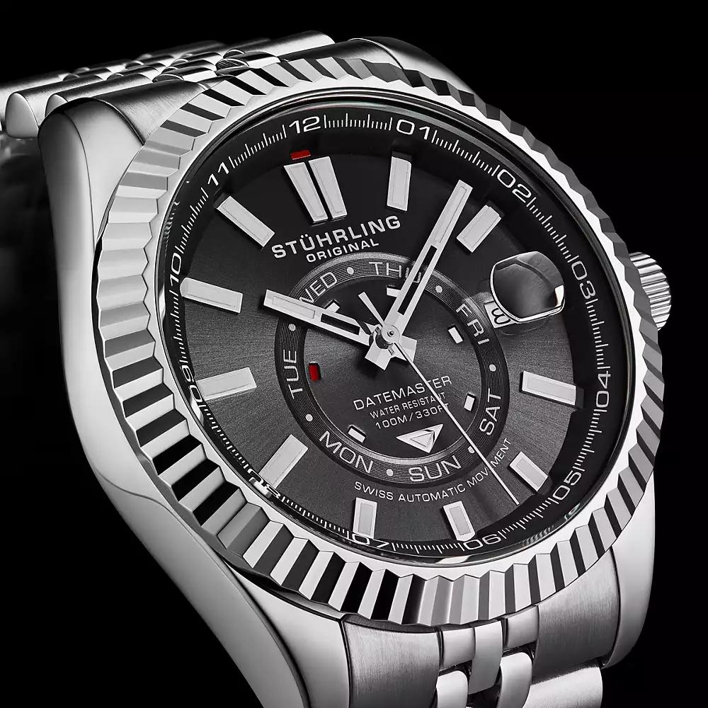 Stuhrling Datemaster II Men s Swiss Automatic 42mm Stainless Steel Watch, Black Dial, Fluted Bezel, Day & Date, 100M Water Resistant