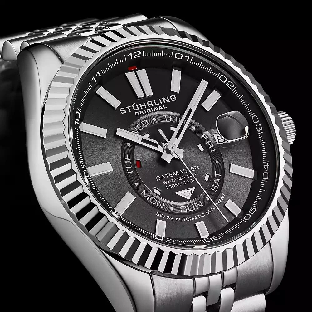 Stuhrling Datemaster II Men s Swiss Automatic 42mm Stainless Steel Watch, Black Dial, Fluted Bezel, Day & Date, 100M Water Resistant 2