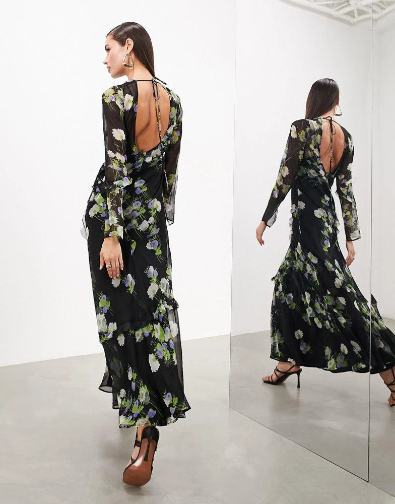 ASOS ASOS EDITION long sleeve chiffon maxi dress with frills in black floral 4