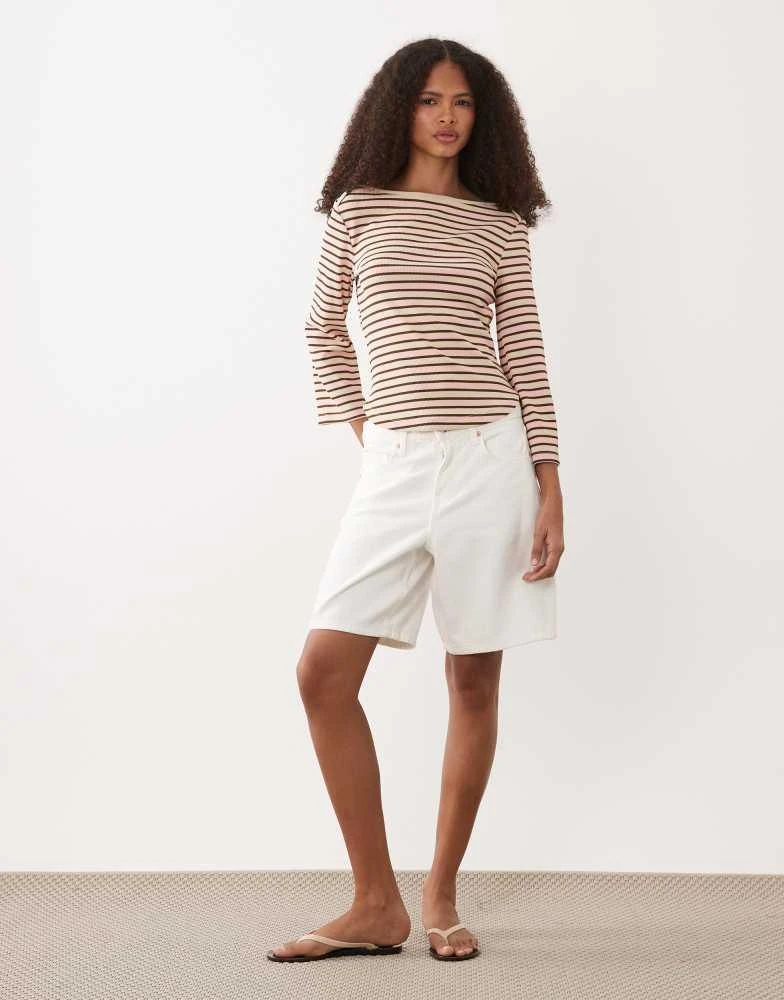 ASOS ASOS DESIGN boatneck angel sleeve top with binding detail in chocolate and light pink stripe 2