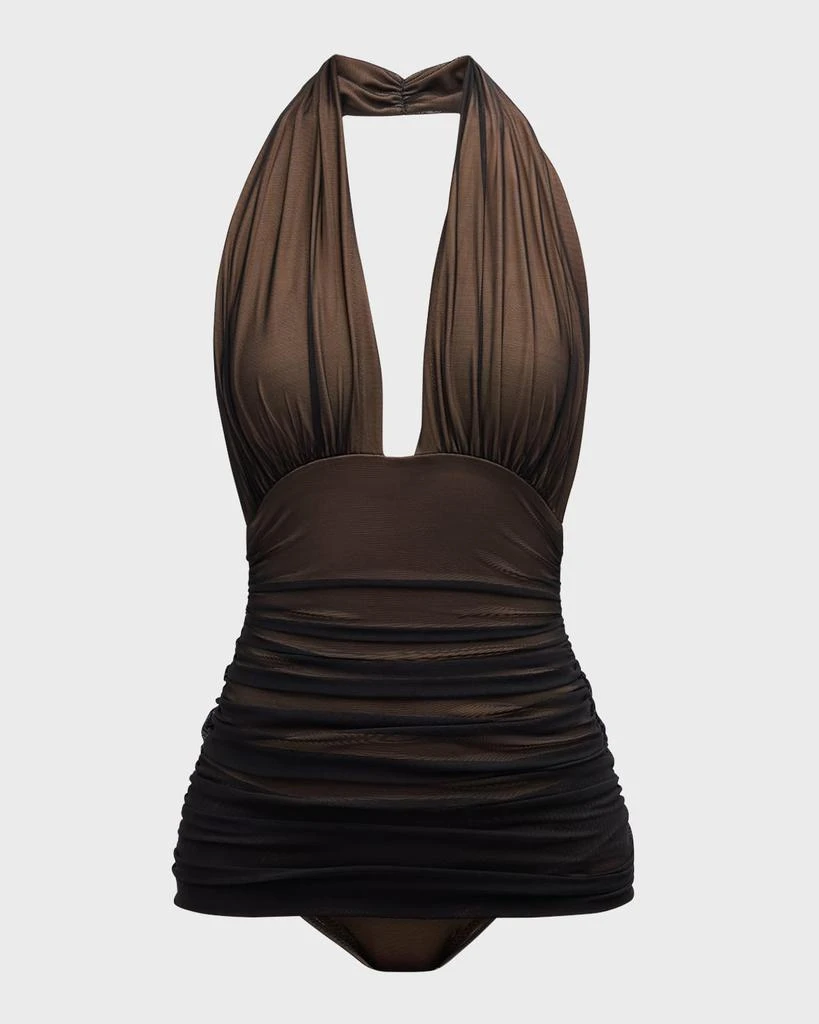Norma Kamali Bill Ruched-Mesh Halter Maillot Swimsuit 1